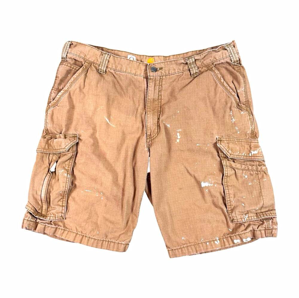 Carhartt Distressed Paint Splatter Force Relaxed Fit Brown Ripstop Cargo Shorts